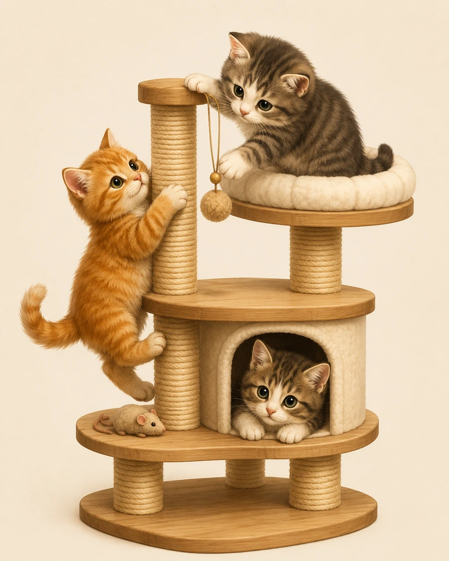 Trois chatons jouent sur un arbre à chat.