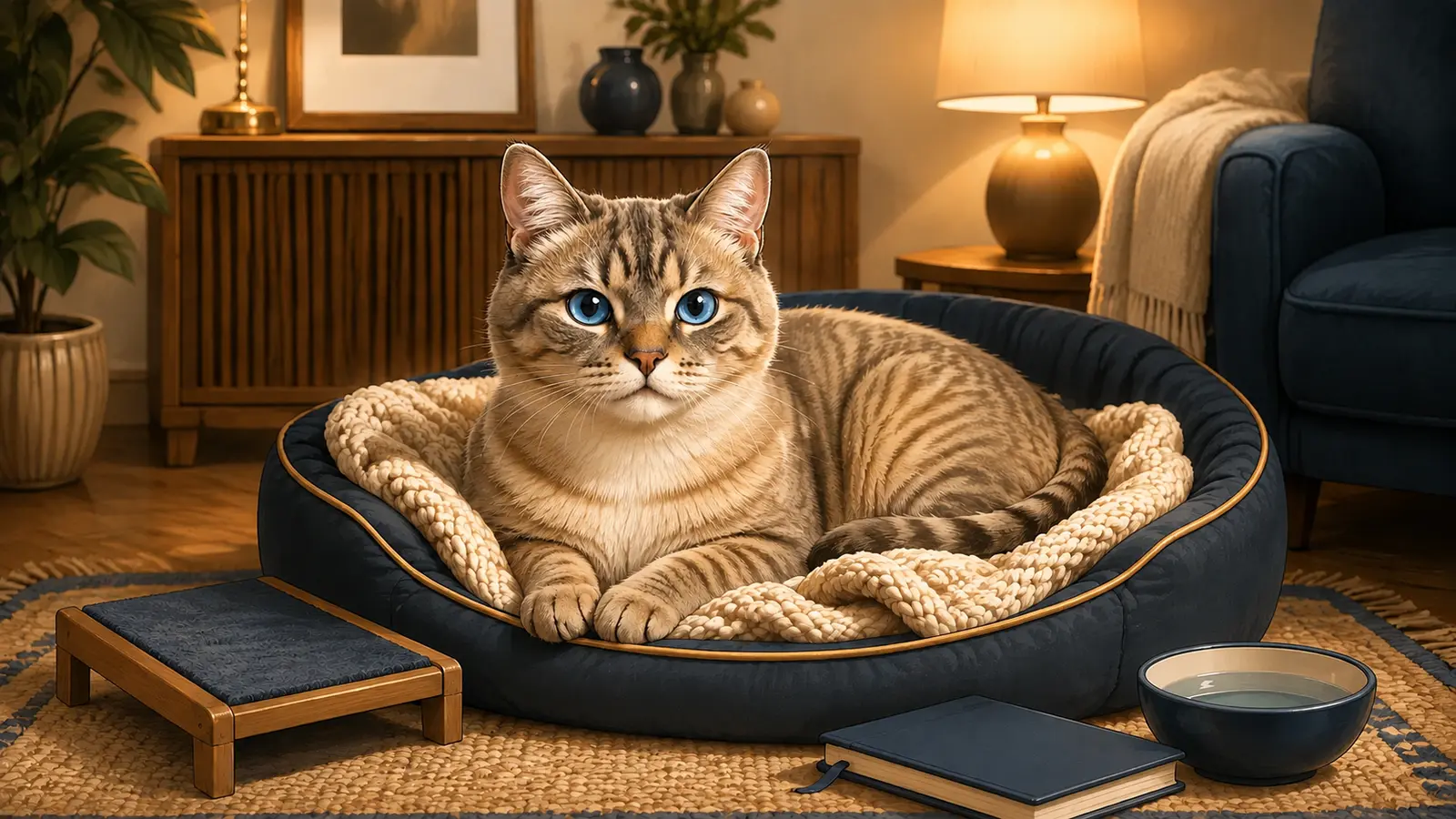 Ghost, installé sur un coussin, prépare le budget d’un chat senior.