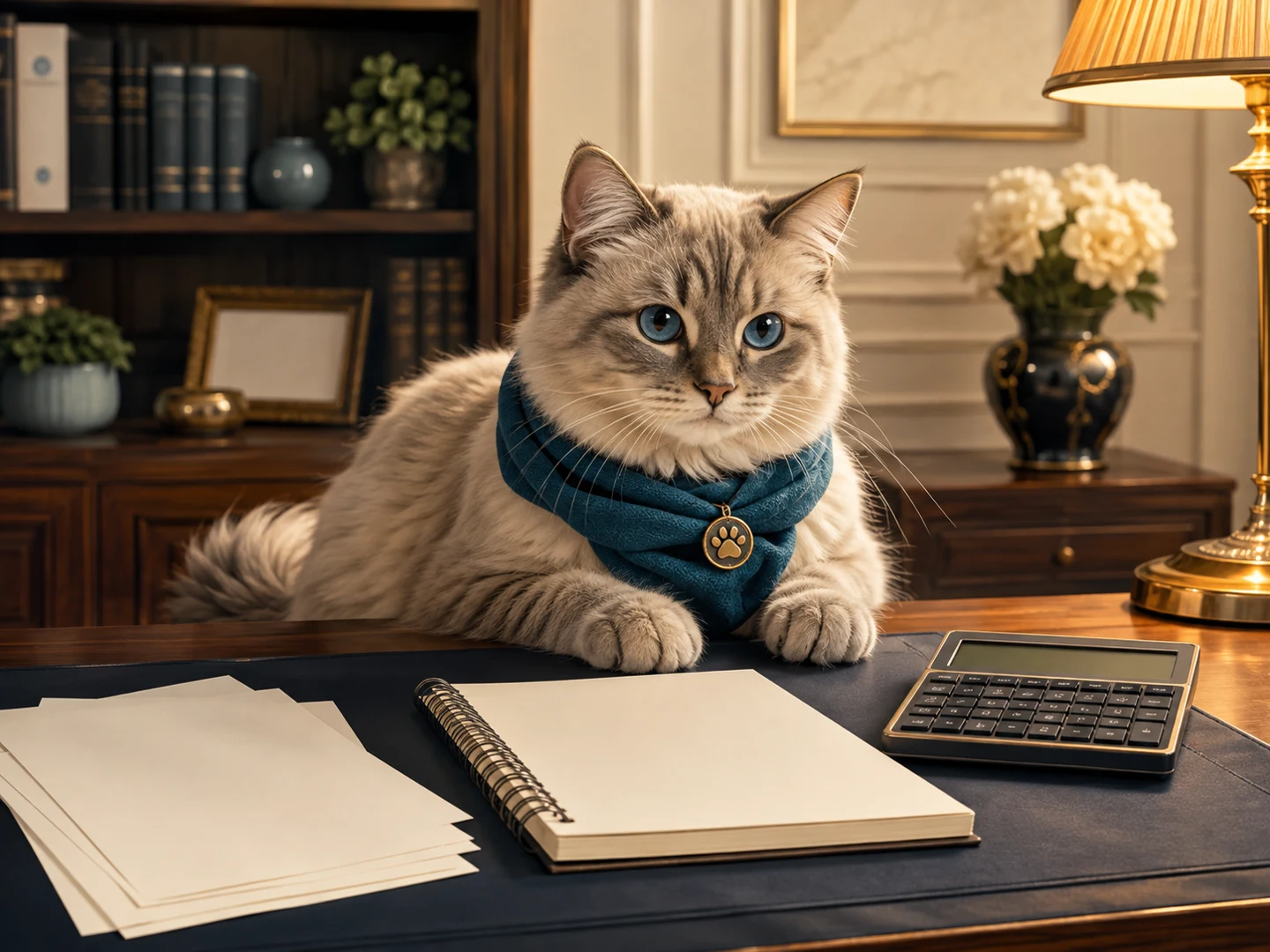 Ghost, le chat gris-beige aux yeux bleus, analyse les dépenses du foyer.