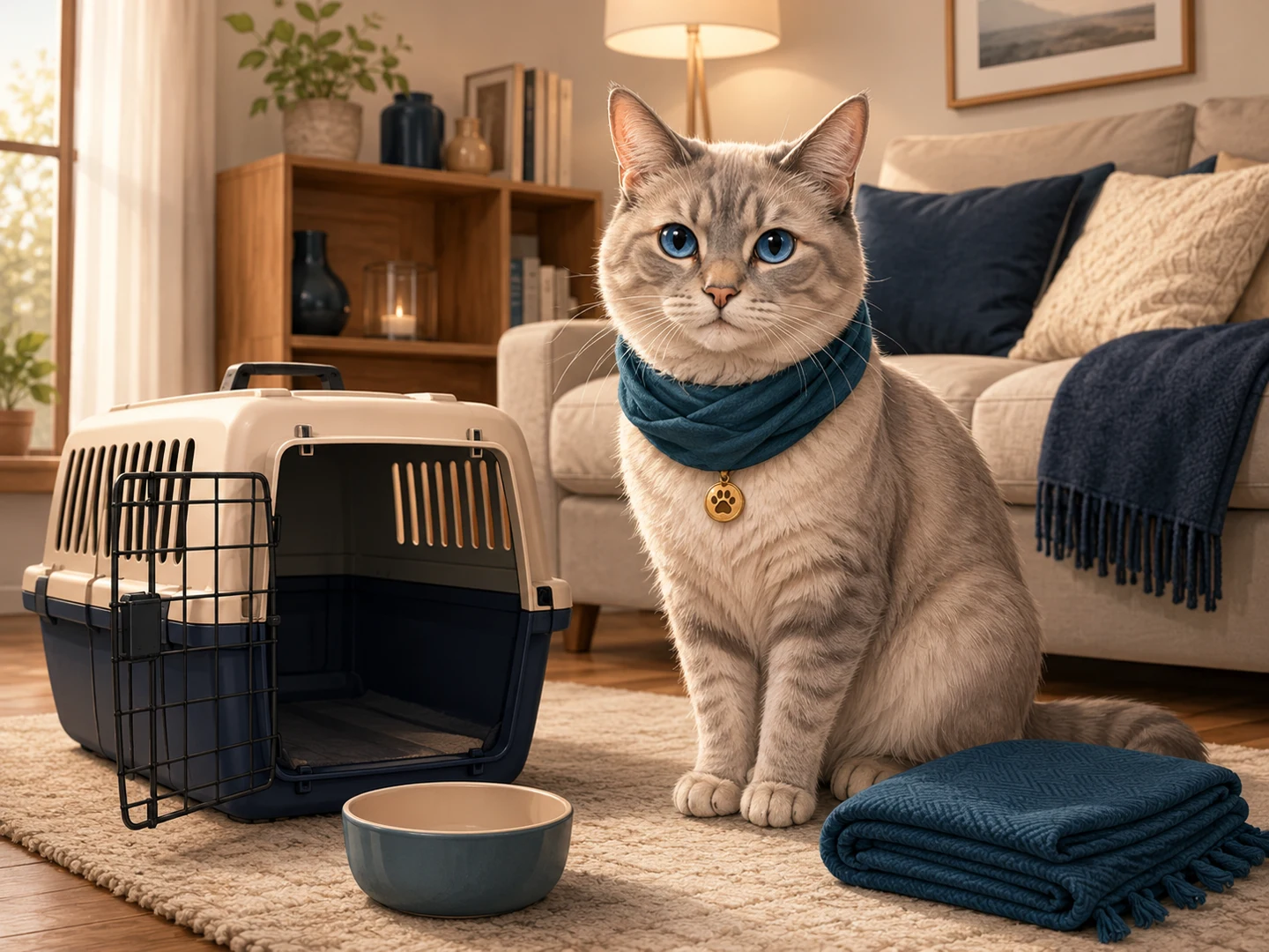 Ghost, le chat gris-beige aux yeux bleus, prépare les essentiels pour une adoption.